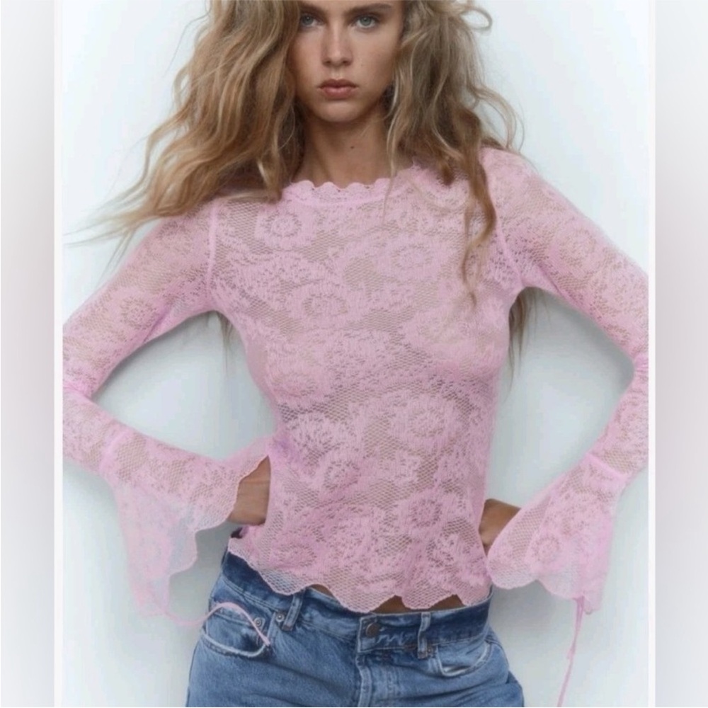 Zara Pink Fitted Ruffled Long Sleeve Blouse